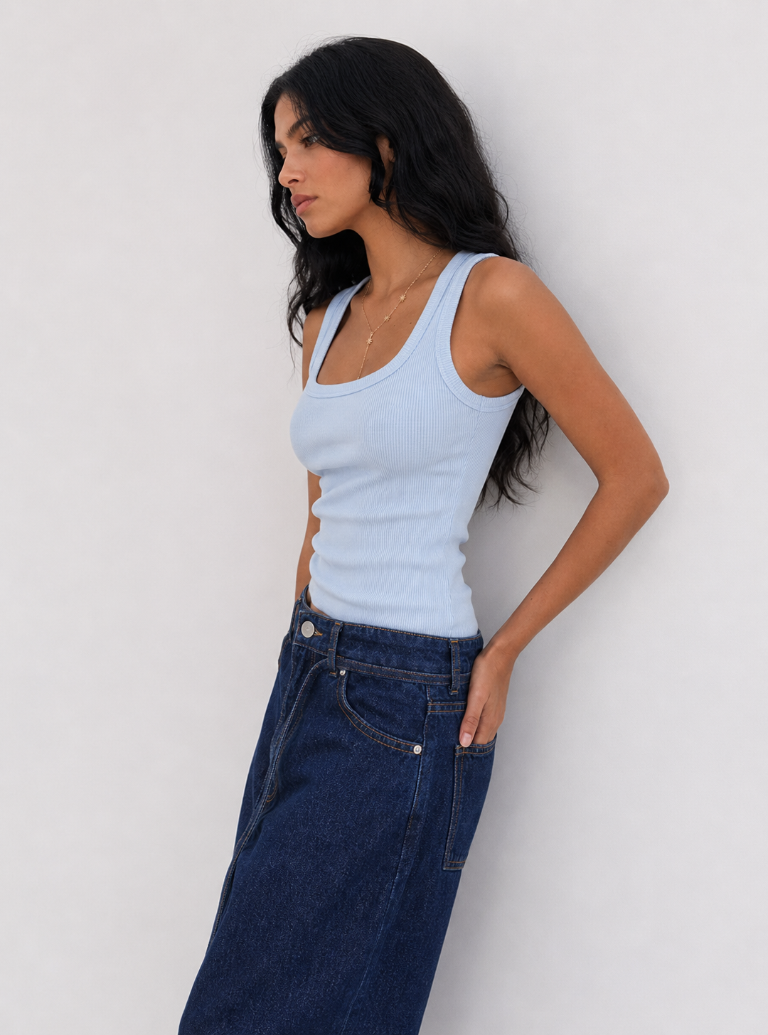 Ribbed U-Neck Tank Top – Pastel Blue Top CIZARO - Cizaro Jeans