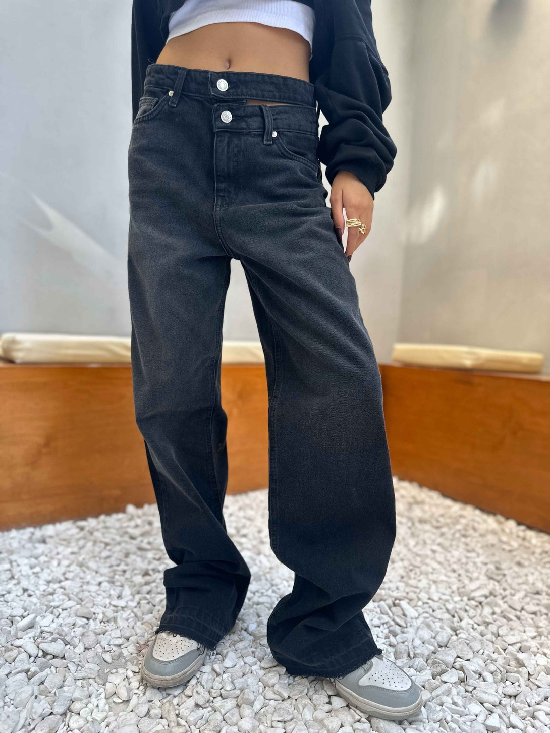 (Pre-Order) Charcoal Black Double Waisted Straight Leg Jeans. Straight Leg CIZARO    - Cizaro Jeans