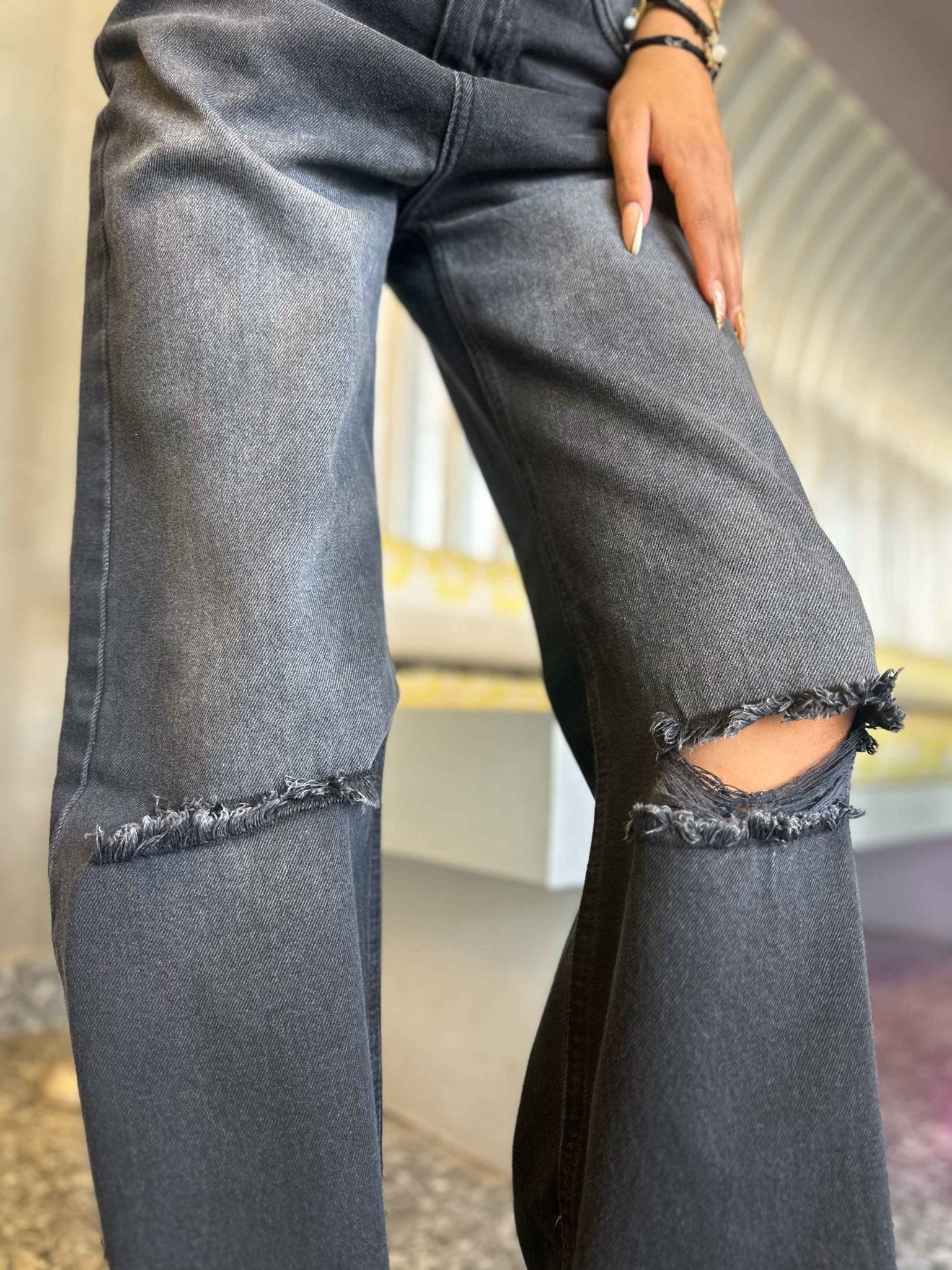 Wide Leg - Distressed Dark Grey. Wide leg CIZARO    - Cizaro Jeans