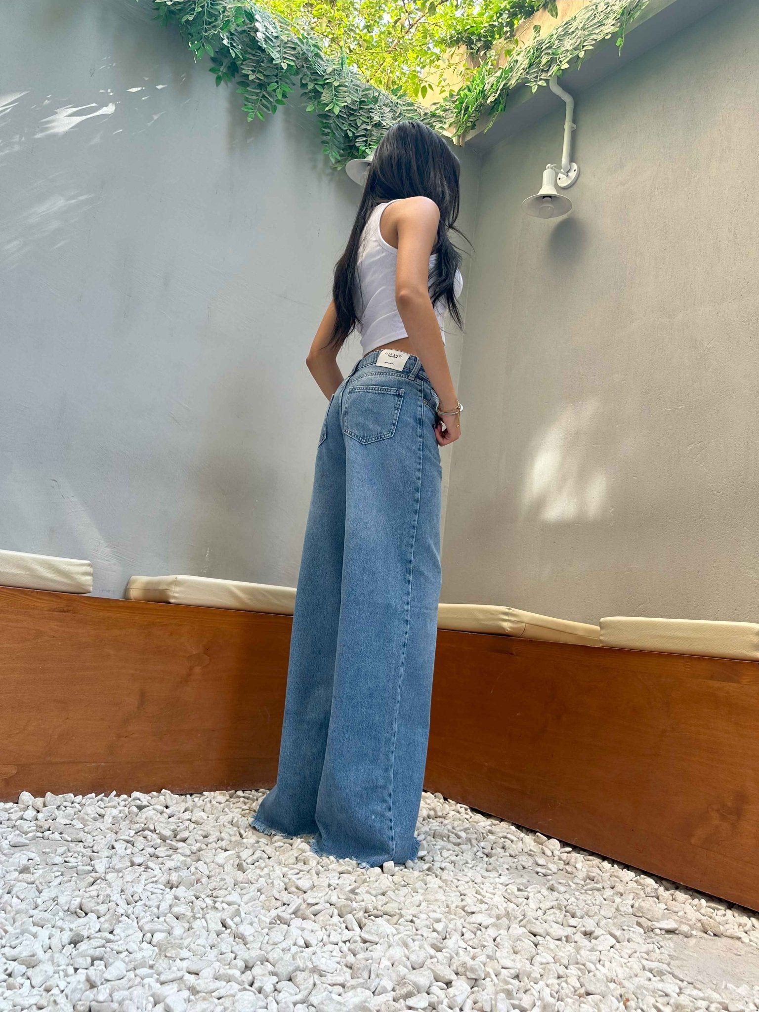 Wide Leg - Light Blue Tie-Belt Distressed Hem Jeans. Baggy Cizaro    - Cizaro Jeans