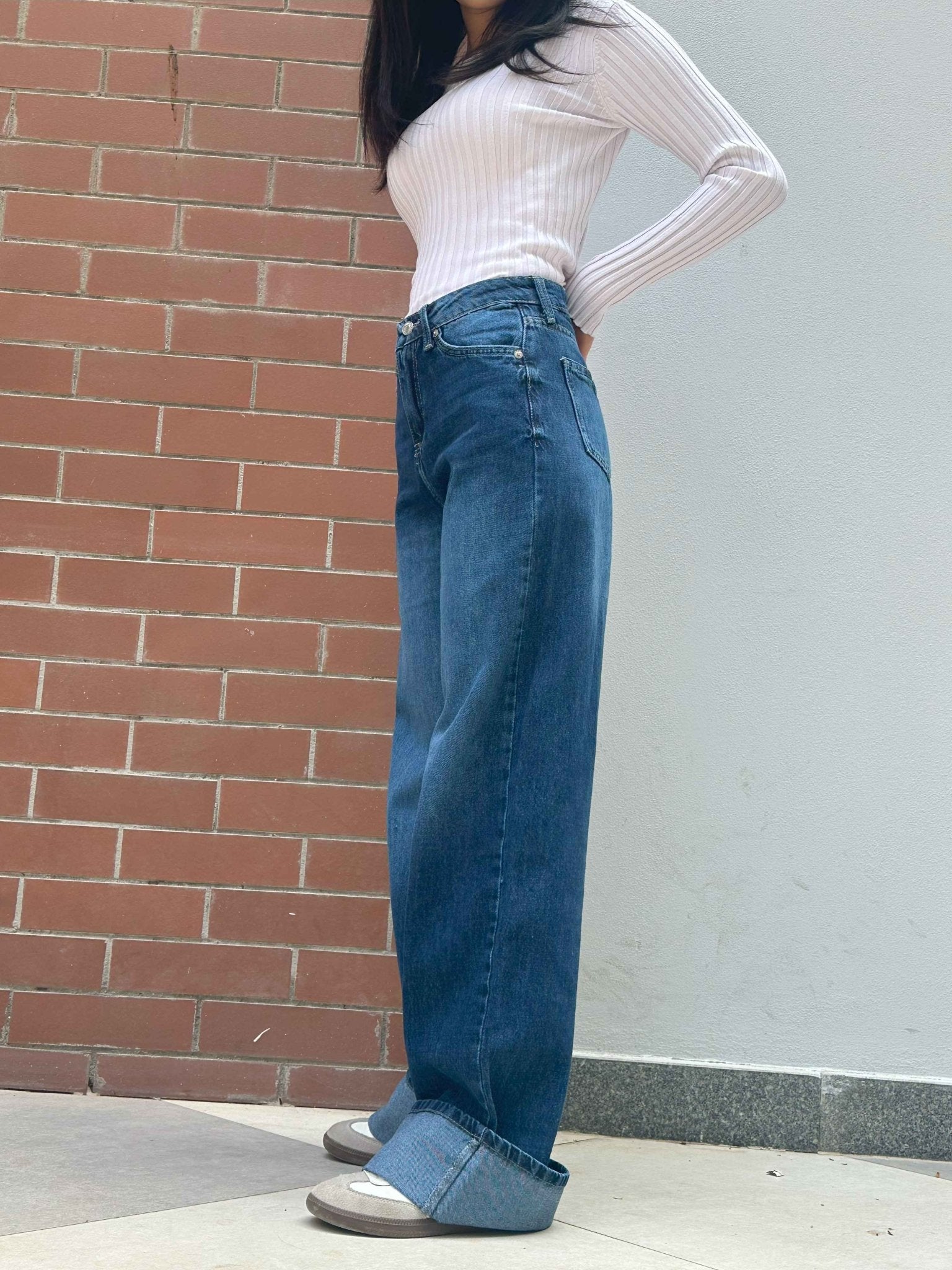 Wide Leg - Navy Blue Turn-Up Hems Jeans. Wide Leg CIZARO    - Cizaro Jeans