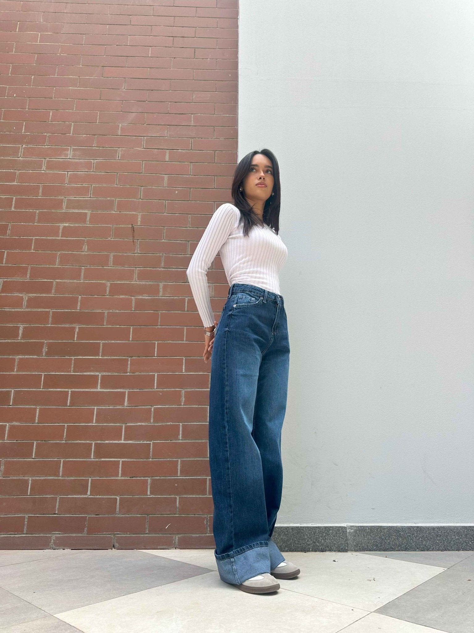 Wide Leg - Navy Blue Turn-Up Hems Jeans. Wide Leg CIZARO    - Cizaro Jeans