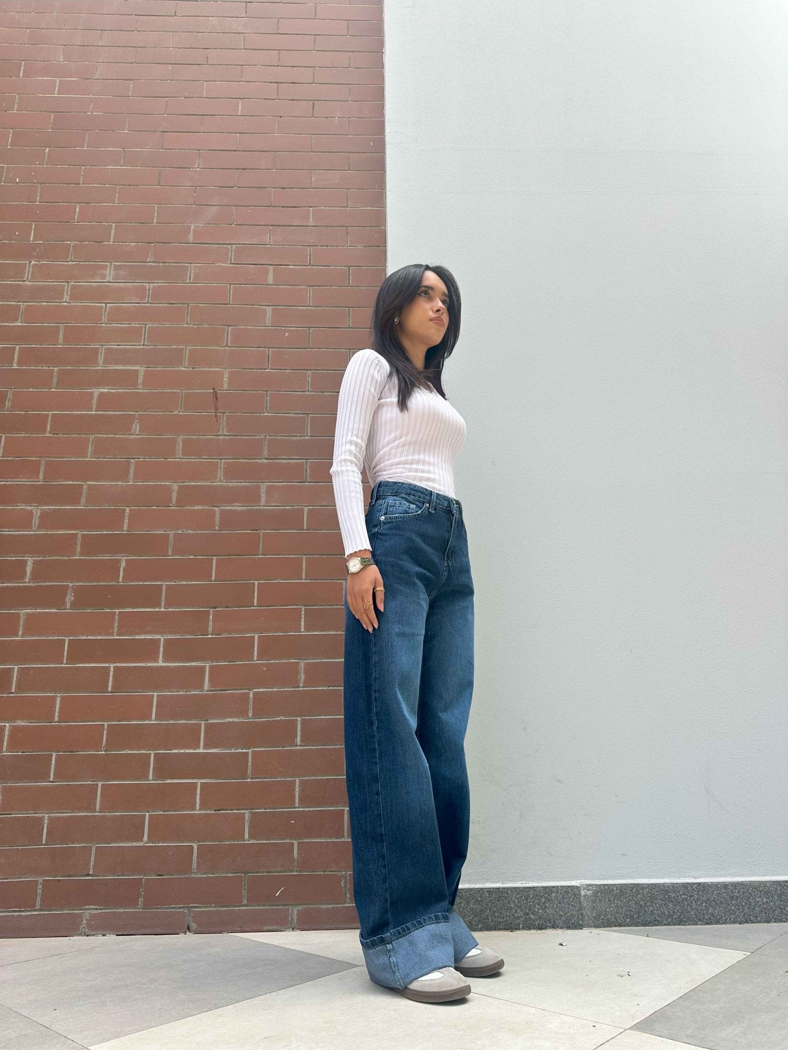 Wide Leg - Navy Blue Turn-Up Hems Jeans. Wide Leg CIZARO    - Cizaro Jeans