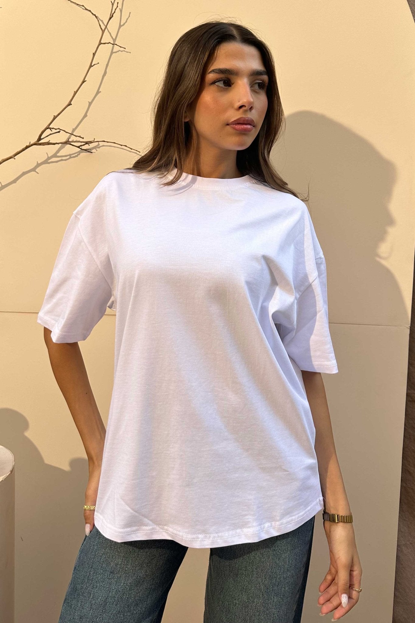 Oversized - High-Round Neck White Tee T-Shirt - Basics CIZNEW - Cizaro Jeans