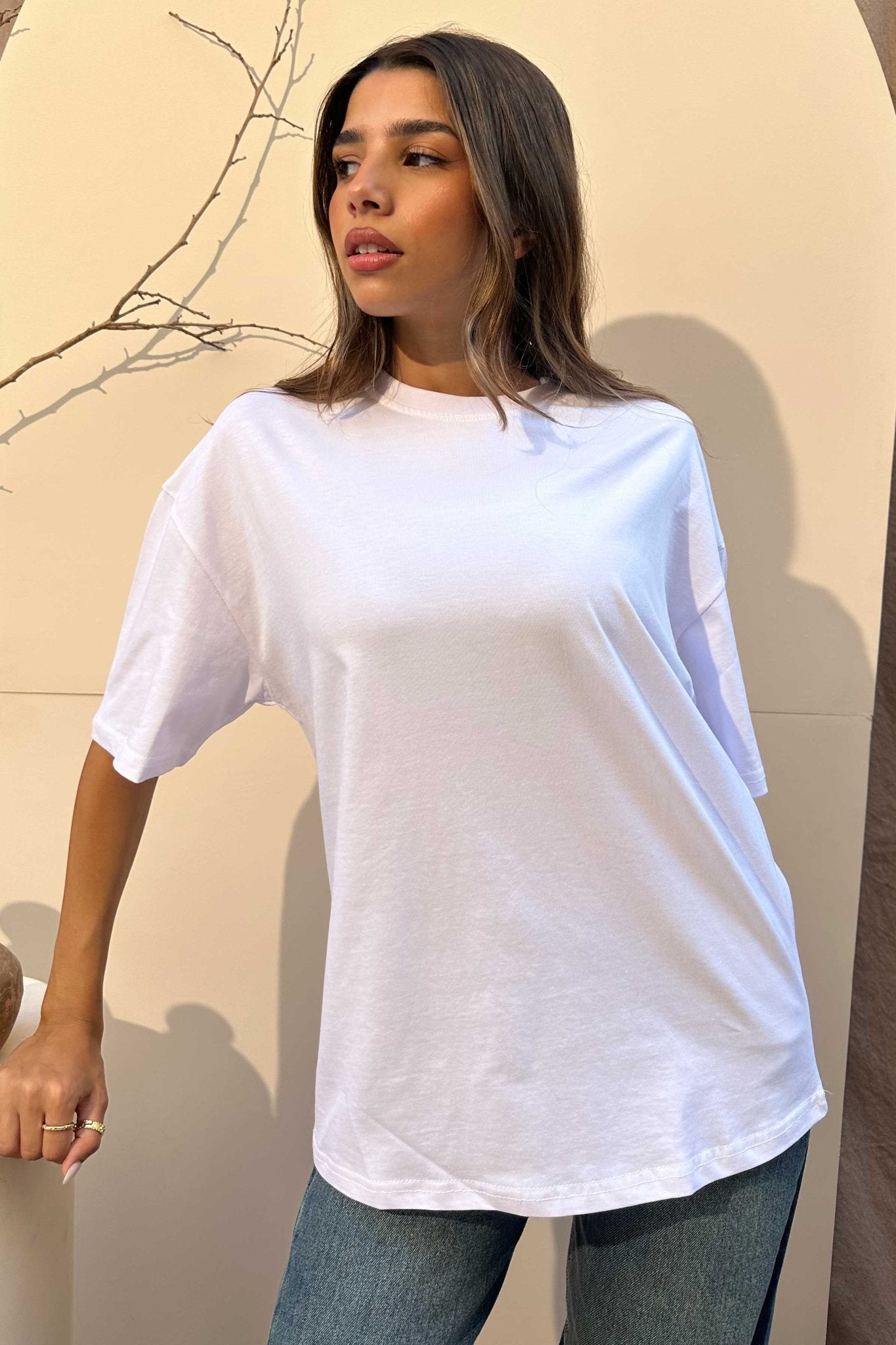 Oversized - High-Round Neck White Tee T-Shirt - Basics CIZNEW - Cizaro Jeans