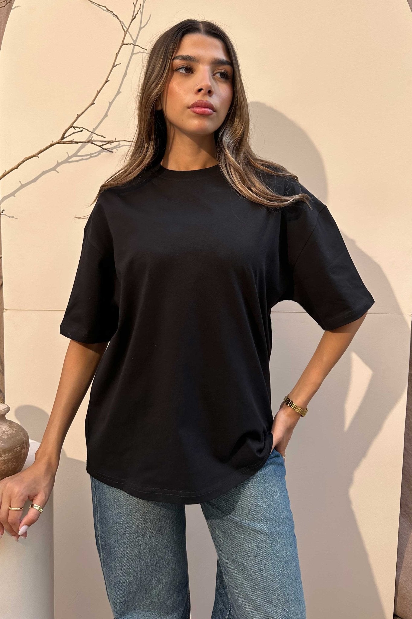 Oversized - High-Round Neck Black Tee T-Shirt - Basics CIZNEW - Cizaro Jeans