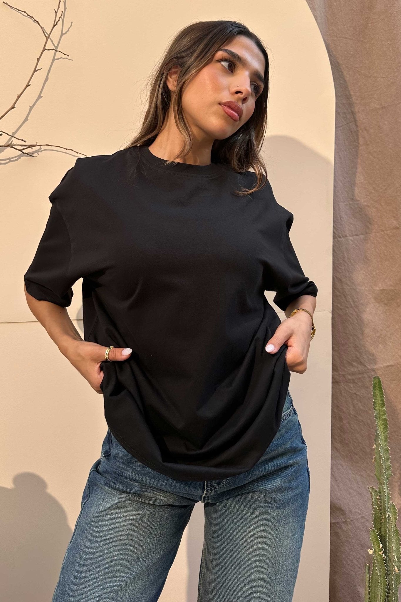Oversized - High-Round Neck Black Tee T-Shirt - Basics CIZNEW - Cizaro Jeans