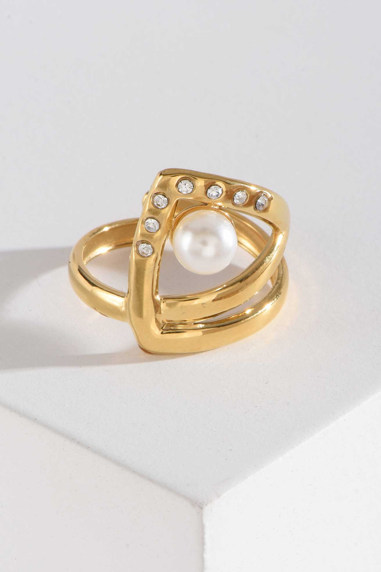 Stainless Steel Ring | Geometric Gold Frame with Pearl & Crystals RING Accessories - Cizaro Jeans