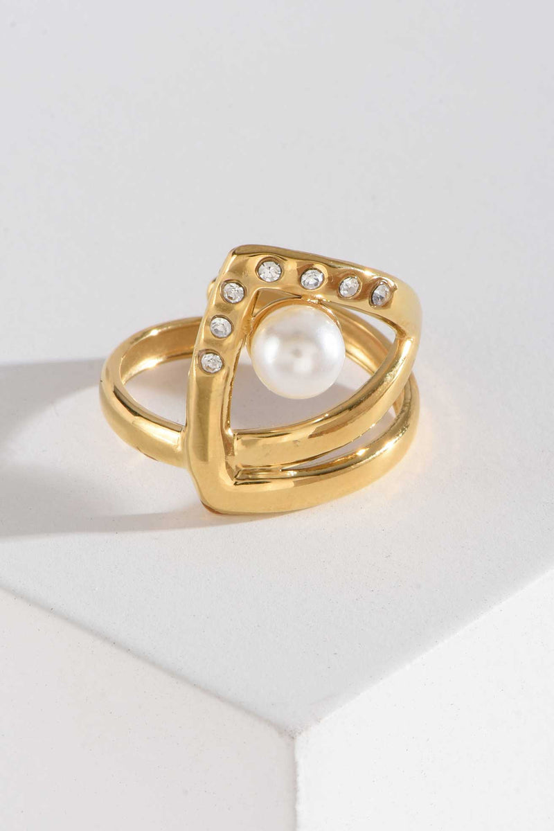 Stainless Steel Ring | Geometric Gold Frame with Pearl & Crystals Accessories Accessories - Cizaro Jeans