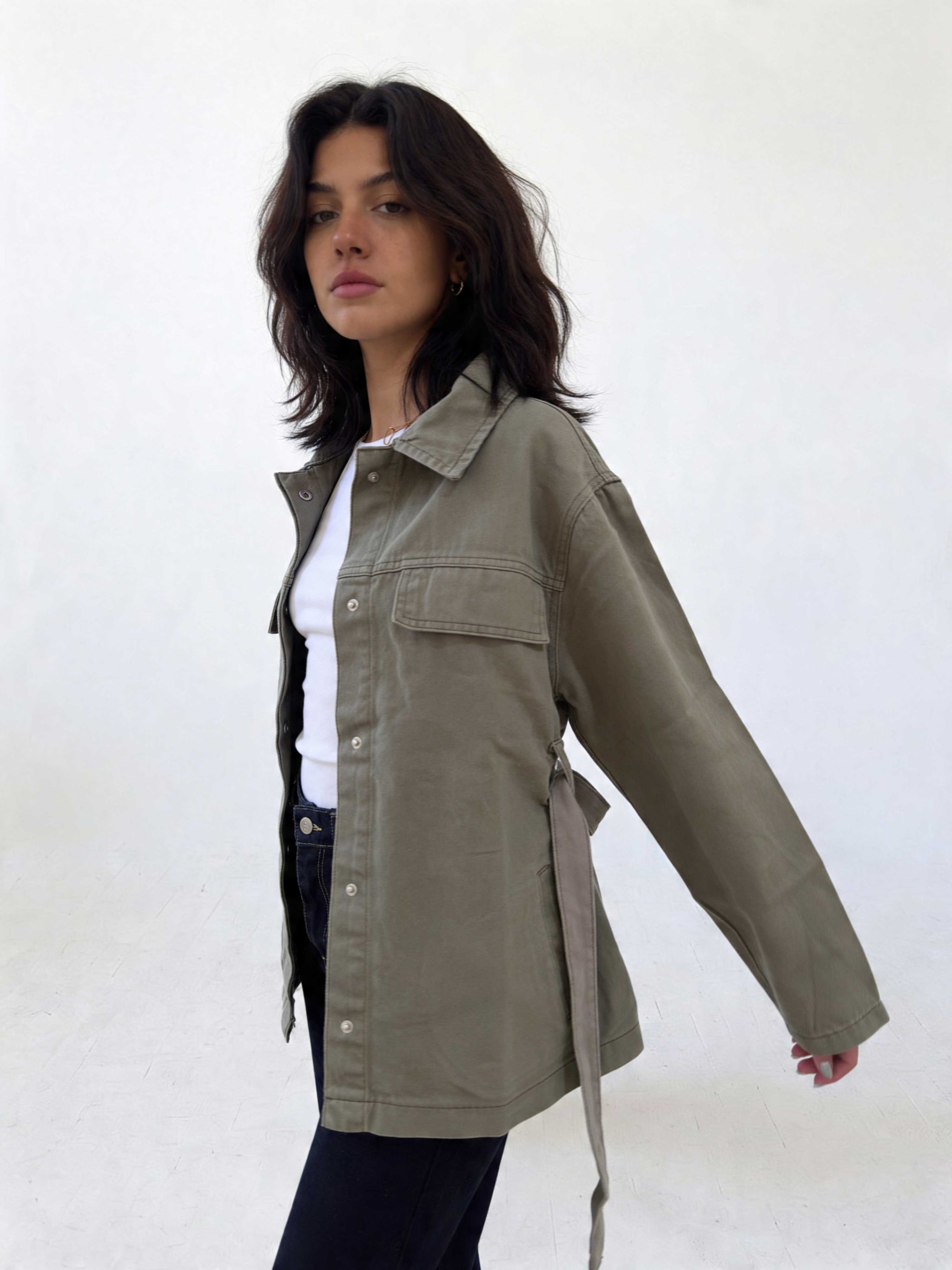 Jacket - Belted Button-Up Oversized Sage Green Denim jacket CIZARO - Cizaro Jeans
