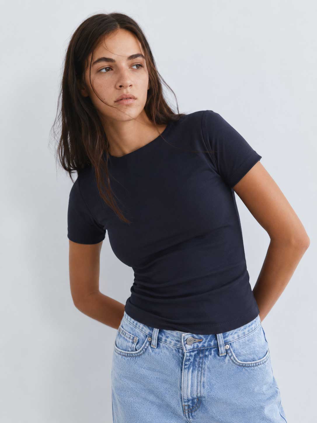 Double-Layer Fitted Short Sleeve Crew-Neck Top – Navy Top CIZARO - Cizaro Jeans