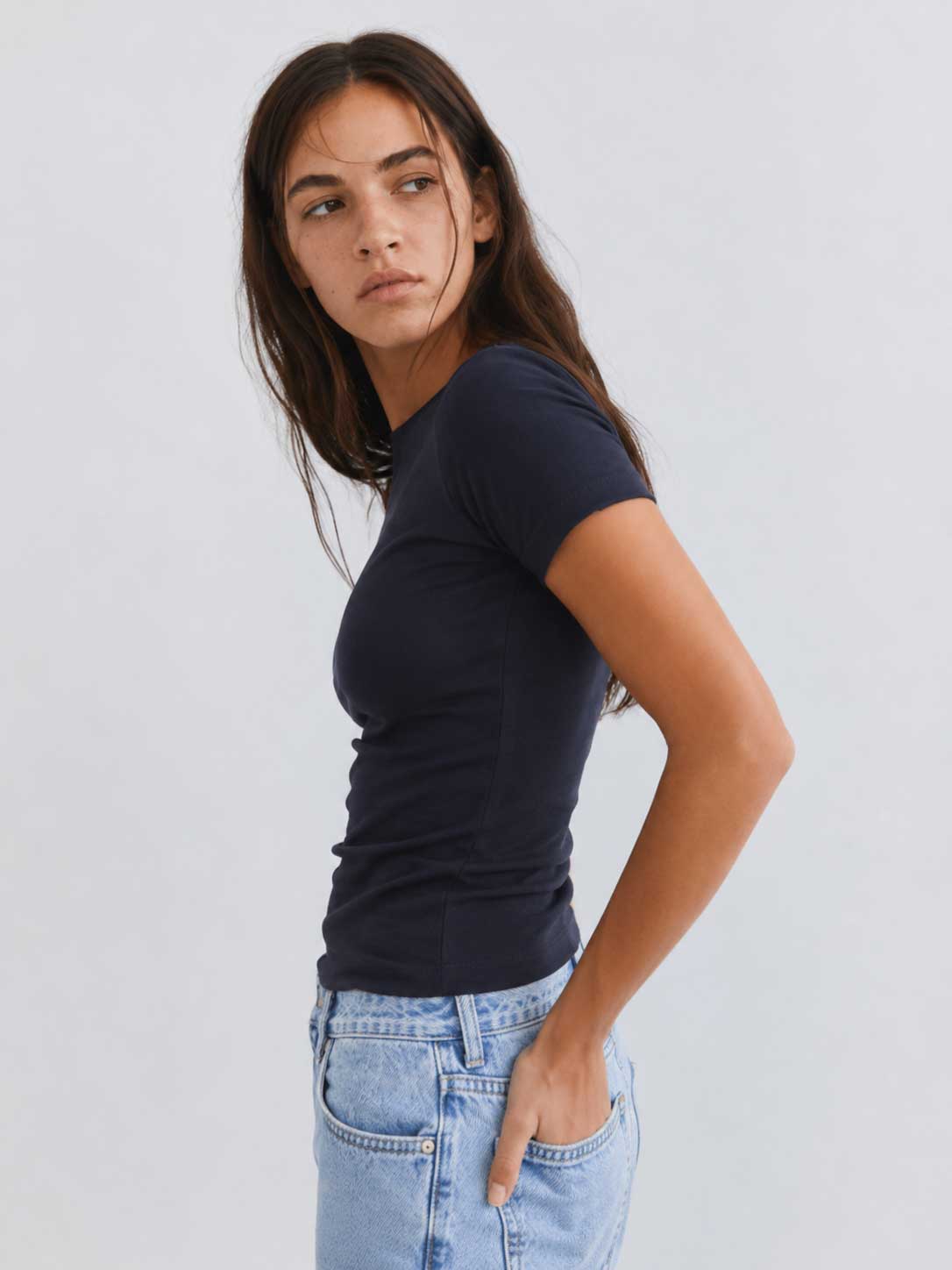 Double-Layer Fitted Short Sleeve Crew-Neck Top – Navy Top CIZARO - Cizaro Jeans