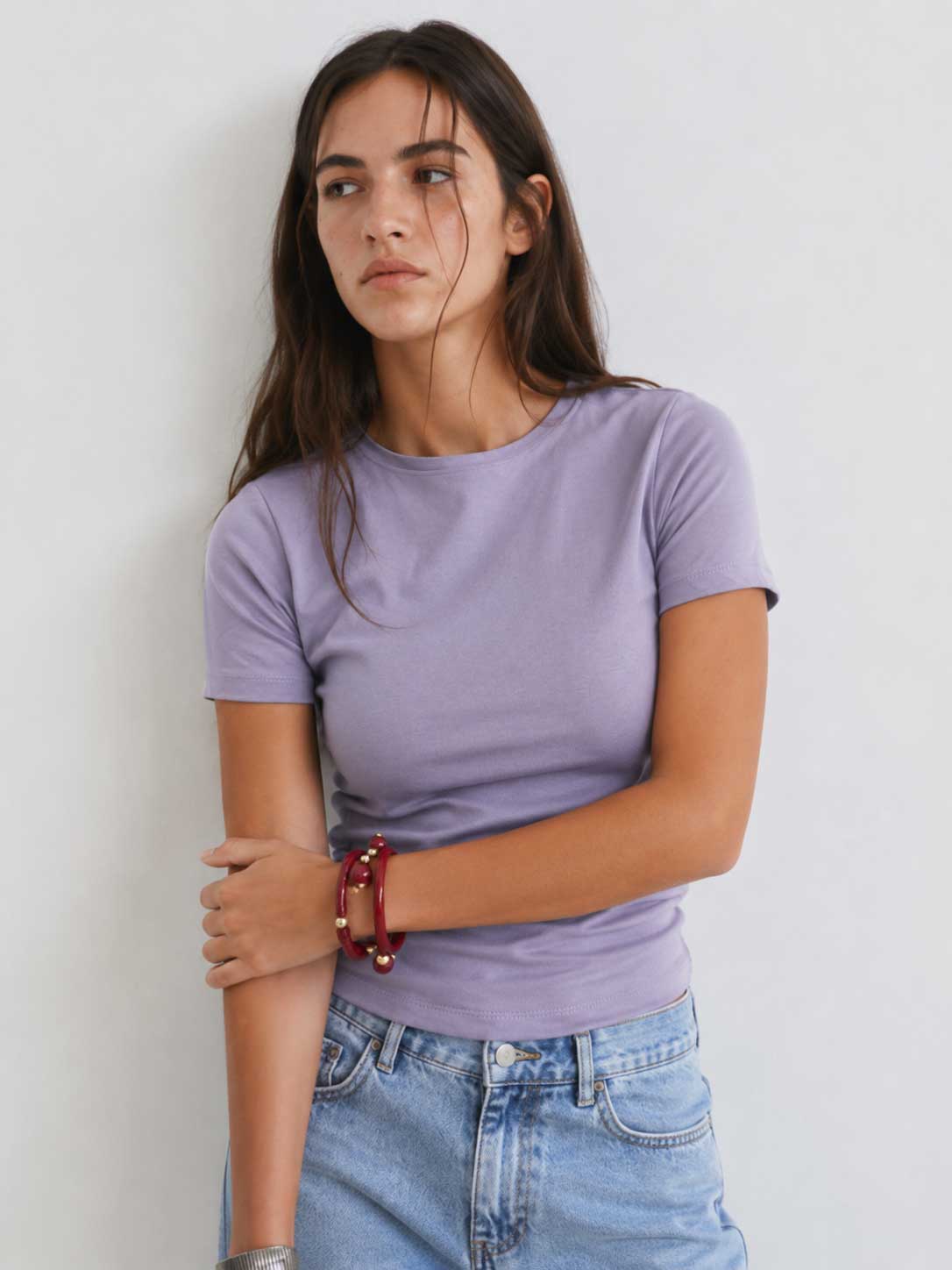 Double-Layer Fitted Short Sleeve Crew-Neck Top – Mauve) Top CIZARO - Cizaro Jeans
