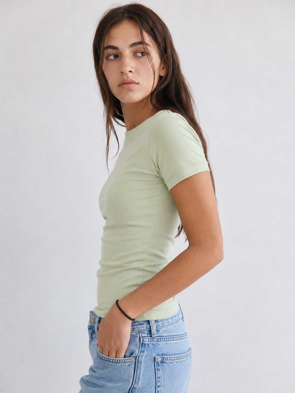 Double-Layer Fitted Short Sleeve Crew-Neck Top – Matcha