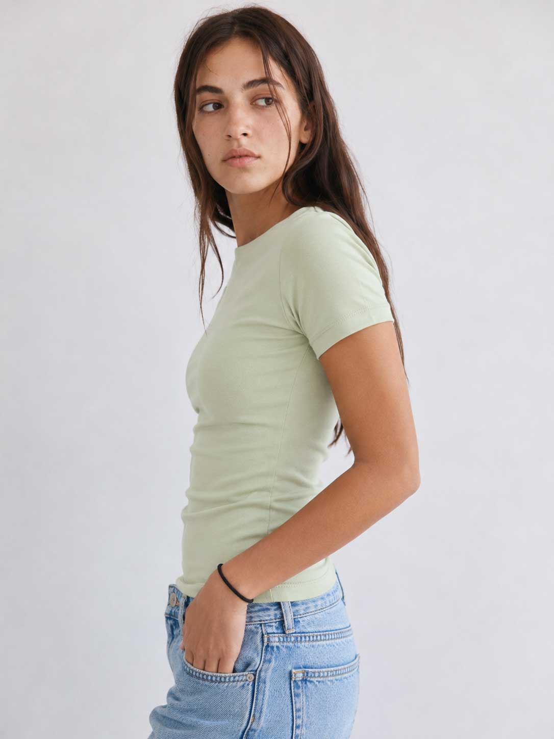 Double-Layer Fitted Short Sleeve Crew-Neck Top – Matcha Top CIZARO - Cizaro Jeans