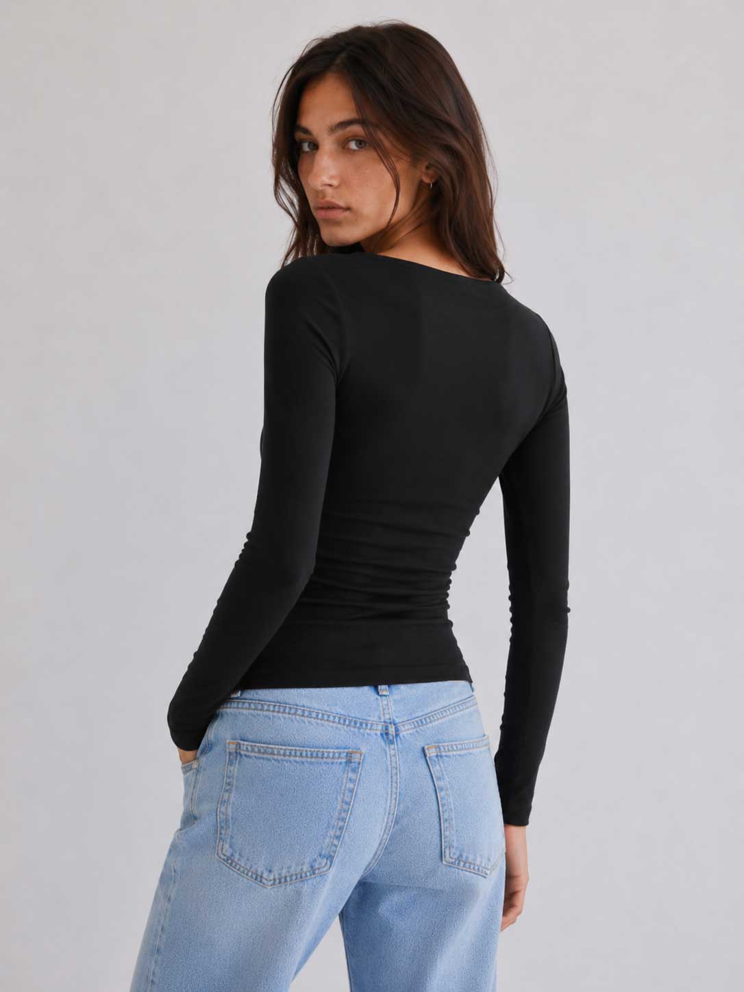 Double-Layer Fitted long Sleeve Boat-neck Top _ black Basic Top CIZARO - Cizaro Jeans