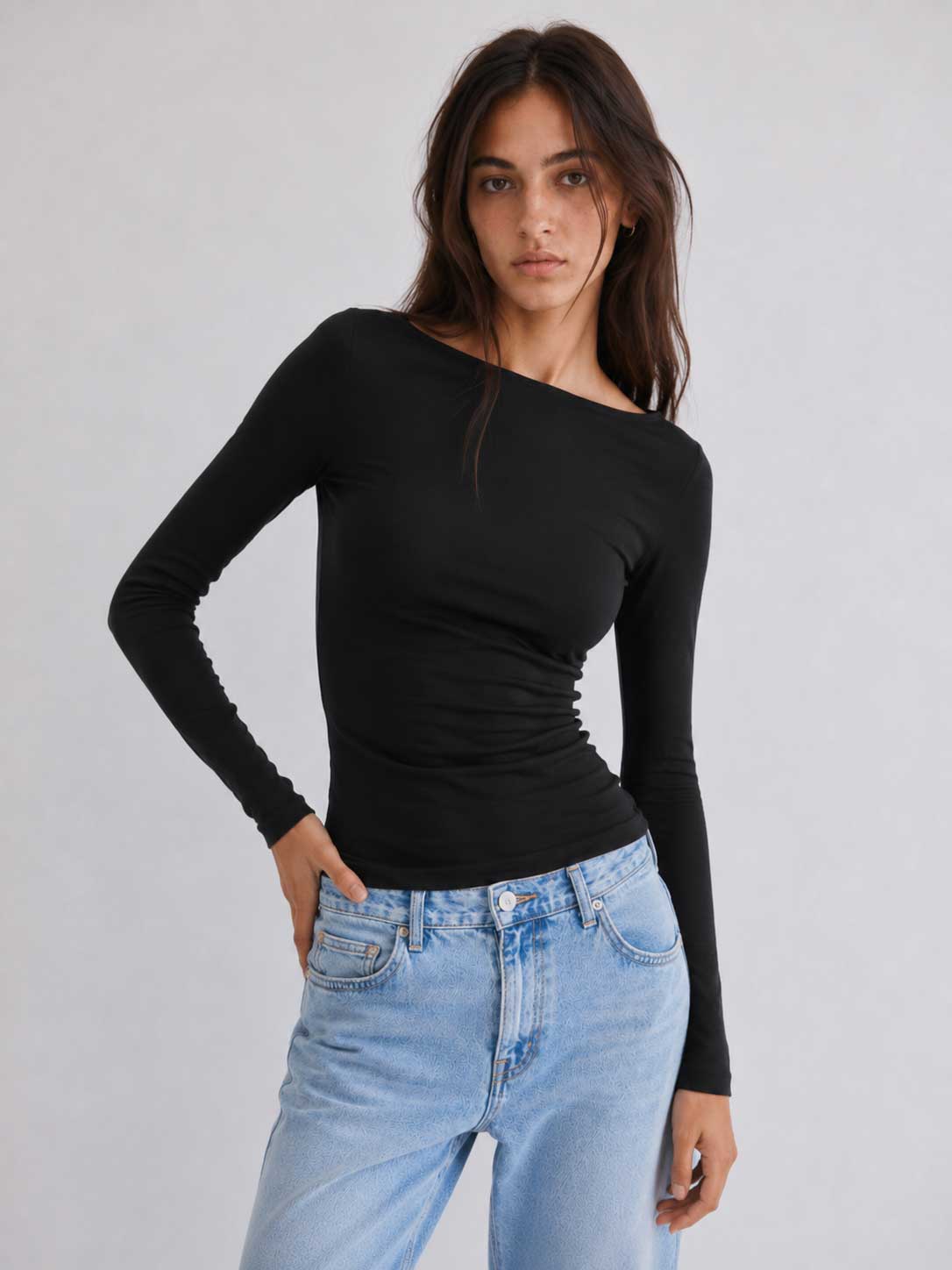 Double-Layer Fitted long Sleeve Boat-neck Top _ black Basic Top CIZARO - Cizaro Jeans