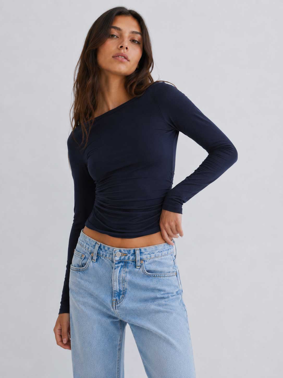 Double-Layer Fitted long Sleeve Boat-neck Top _ Navy Basic Top CIZARO - Cizaro Jeans