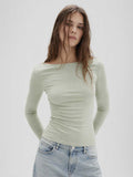 Double-Layer Fitted long Sleeve Boat-neck Top _ Matcha