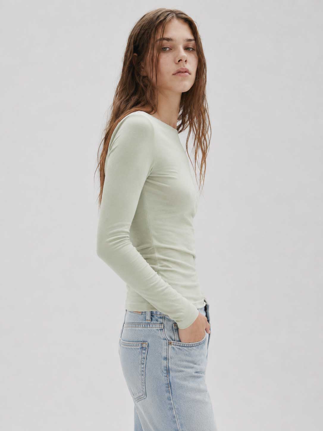 Double-Layer Fitted long Sleeve Boat-neck Top _ Matcha Basic Top CIZARO - Cizaro Jeans