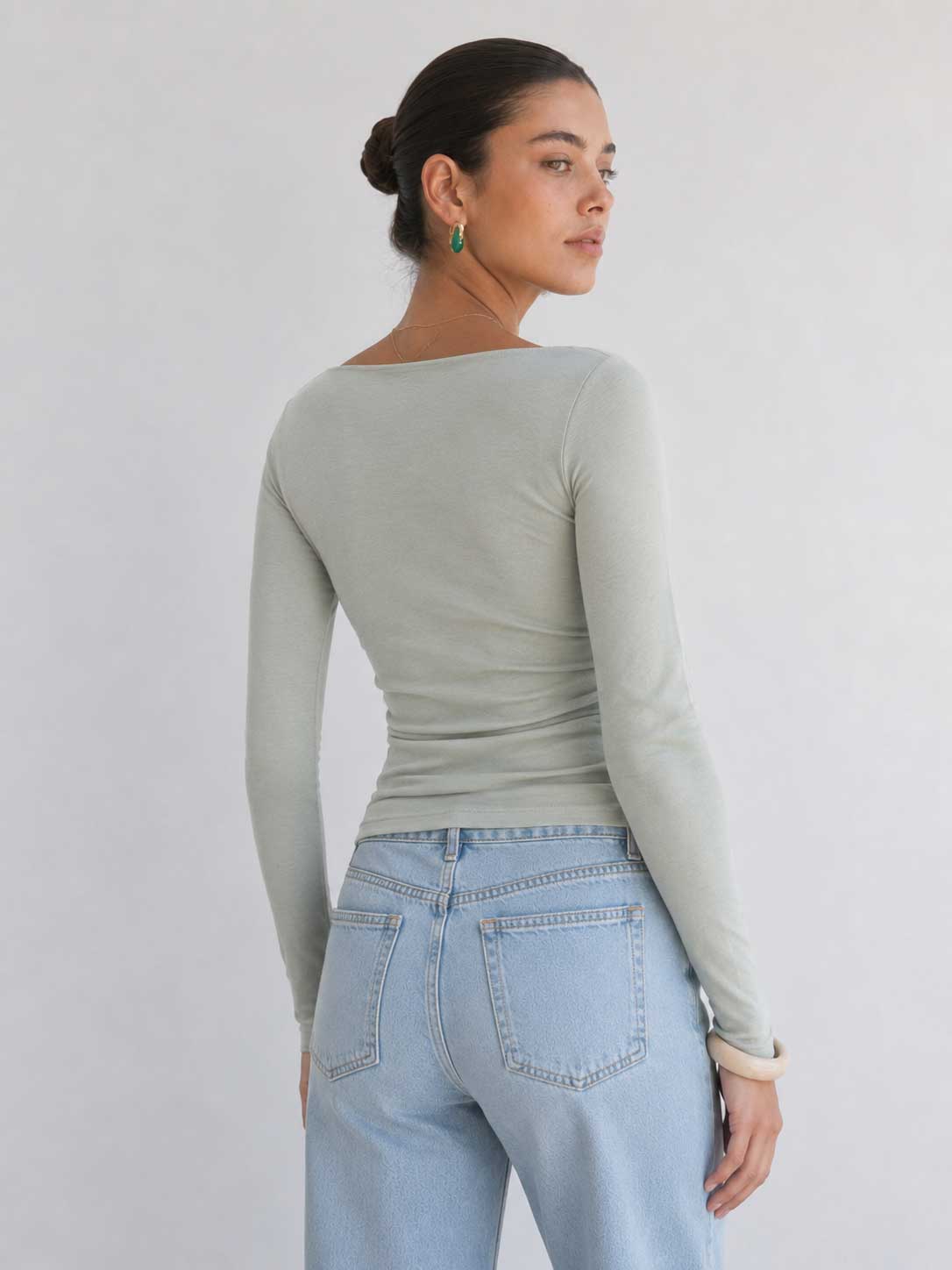 Double-Layer Fitted long Sleeve Boat-neck Top _ Mint Green Basic Top CIZARO - Cizaro Jeans