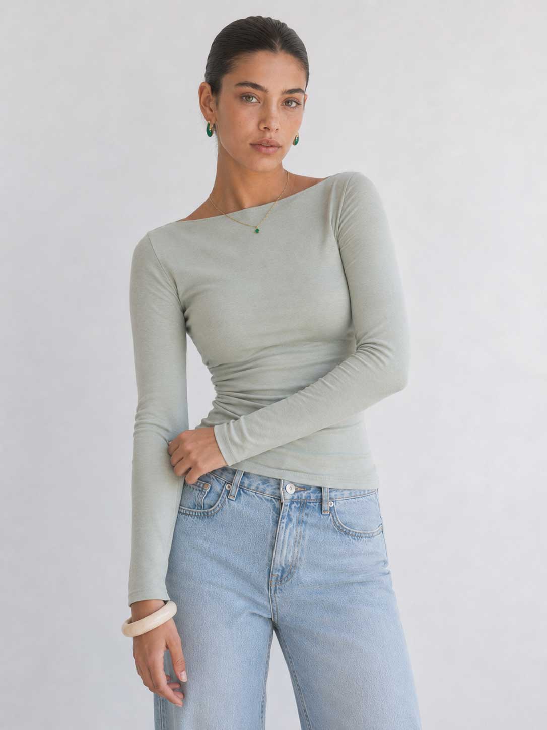 Double-Layer Fitted long Sleeve Boat-neck Top _ Mint Green Basic Top CIZARO - Cizaro Jeans