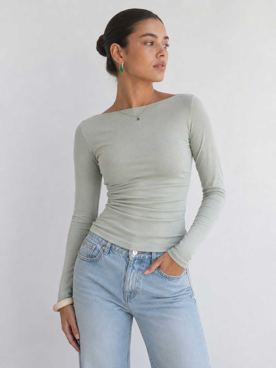 Double-Layer Fitted long Sleeve Boat-neck Top _ Mint Green Basic Top CIZARO - Cizaro Jeans