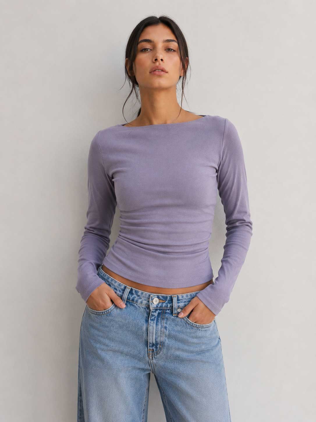 Double-Layer Fitted Long Sleeve Boat Neck Top – Mauve Top CIZARO - Cizaro Jeans