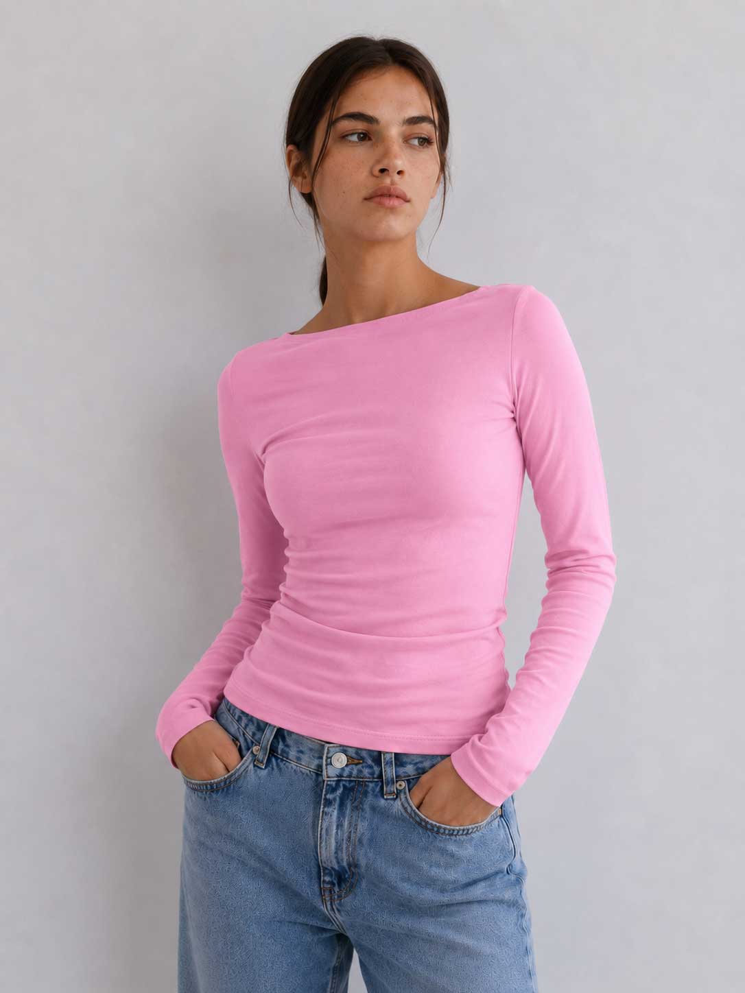 Double-Layer Fitted Long Sleeve Boat Neck Top – Pink Top CIZARO - Cizaro Jeans