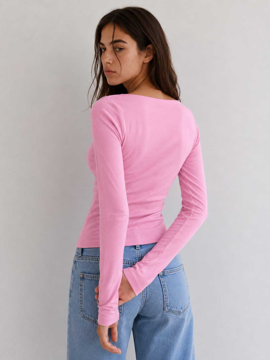 Double-Layer Fitted Long Sleeve Boat Neck Top – Pink Top CIZARO - Cizaro Jeans