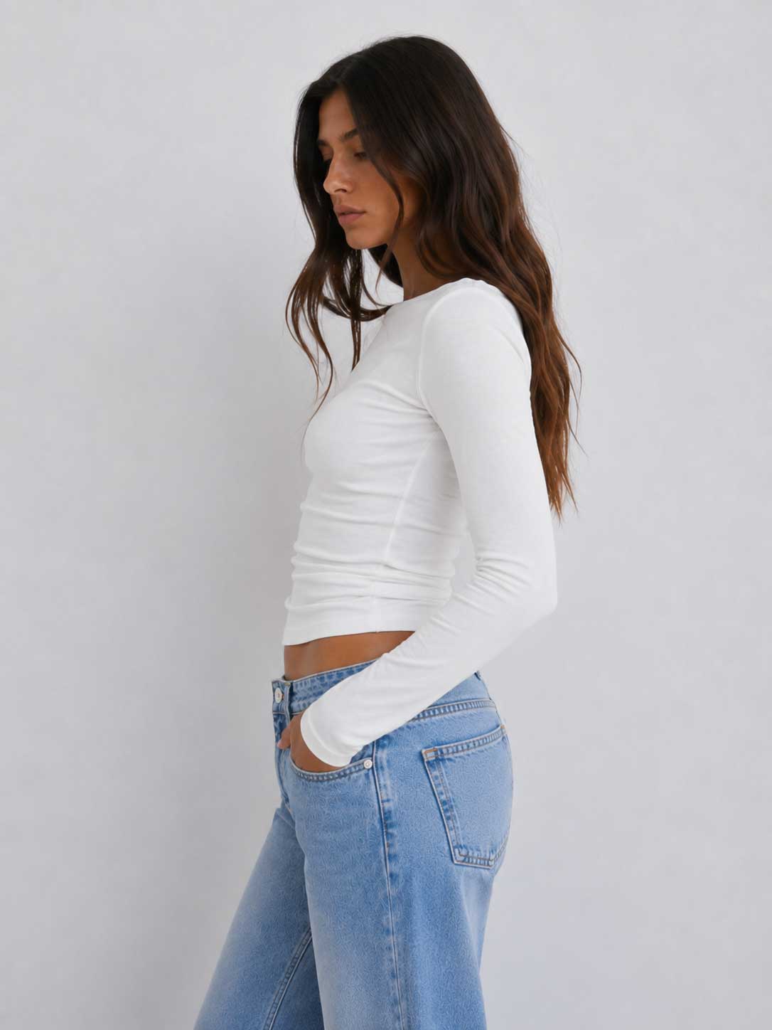 Double-Layer Fitted Long Sleeve Boat Neck Top – White Top CIZARO - Cizaro Jeans
