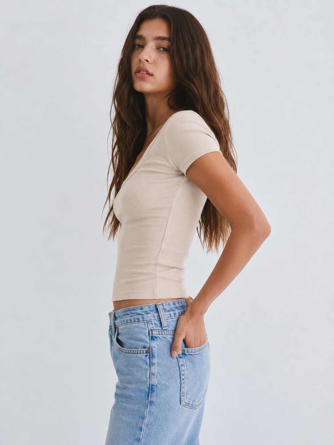 Short Sleeve U-Neck Ribbed Top – Soft Sand Top CIZARO - Cizaro Jeans