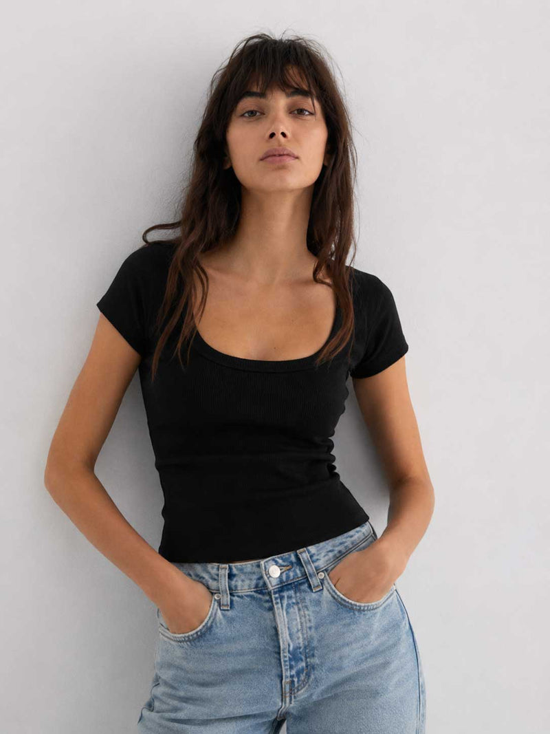 Short Sleeve U-Neck Ribbed Top – Black Basic Top CIZARO - Cizaro Jeans