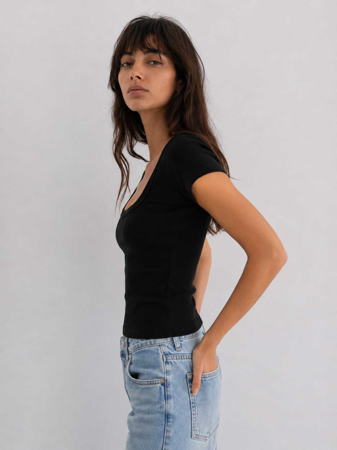 Short Sleeve U-Neck Ribbed Top – Black Top CIZARO - Cizaro Jeans