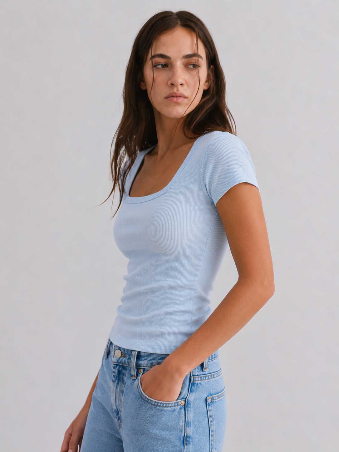 Short Sleeve U-Neck Ribbed Top – Pastel Blue Top CIZARO - Cizaro Jeans