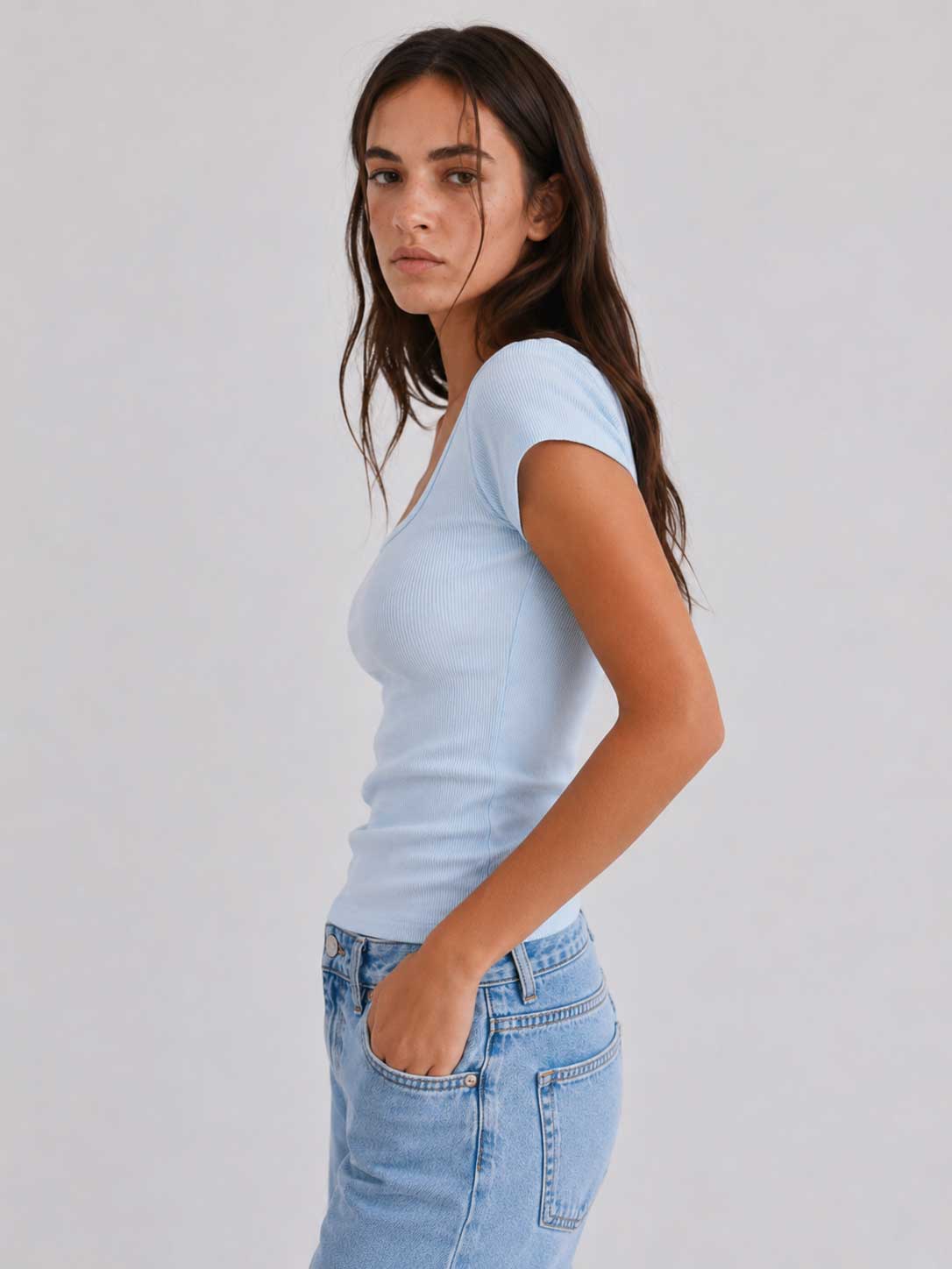Short Sleeve U-Neck Ribbed Top – Pastel Blue Top CIZARO - Cizaro Jeans