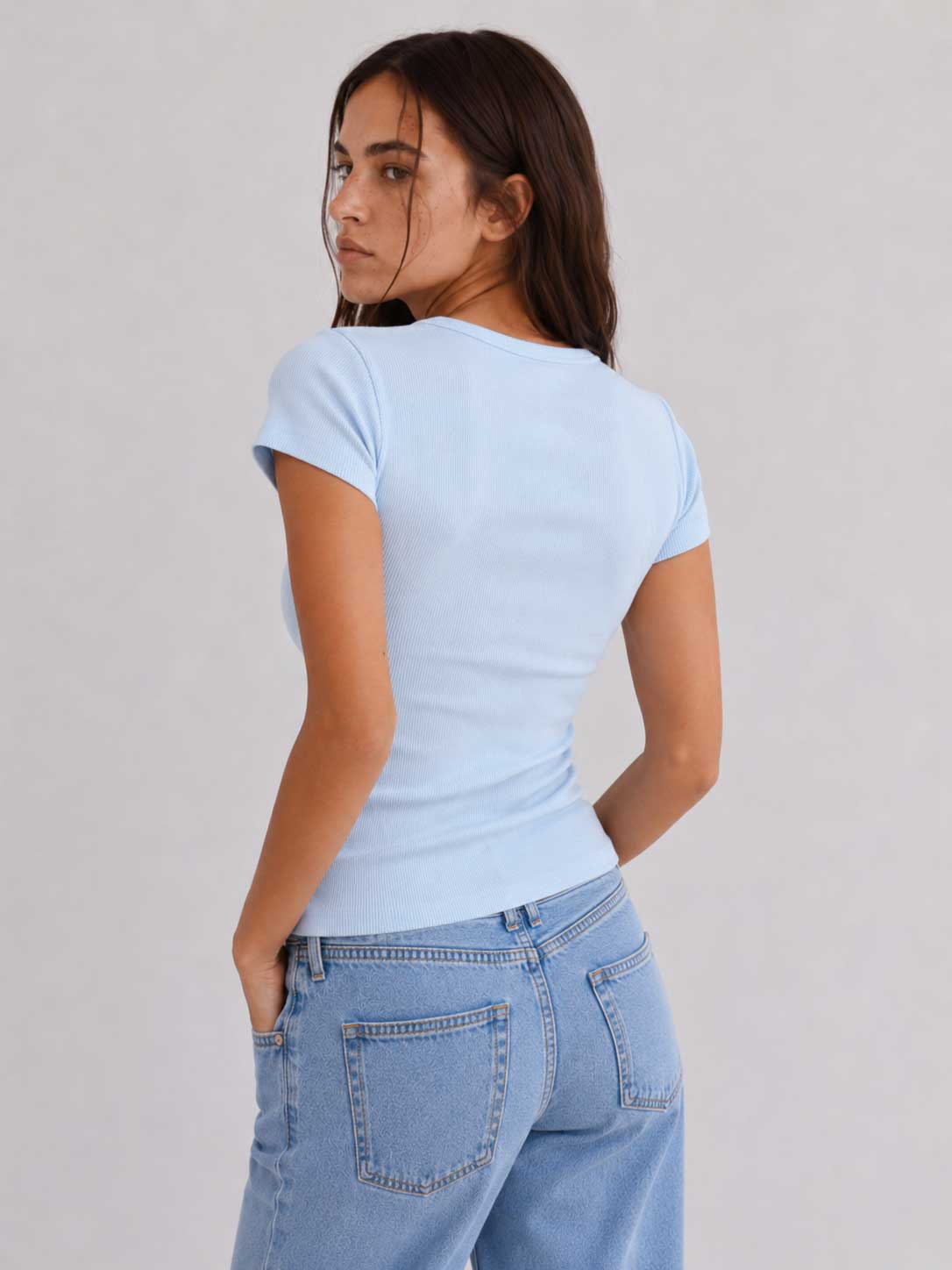 Short Sleeve U-Neck Ribbed Top – Pastel Blue Top CIZARO - Cizaro Jeans