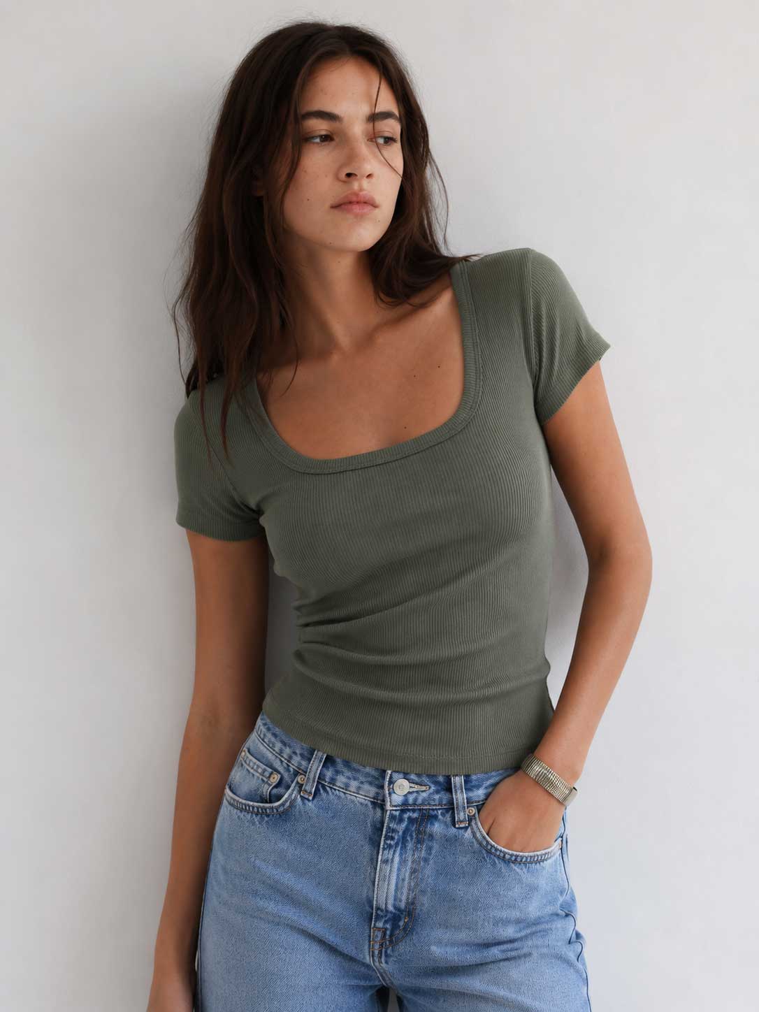 Short Sleeve U-Neck Ribbed Top – Olive Top CIZARO - Cizaro Jeans