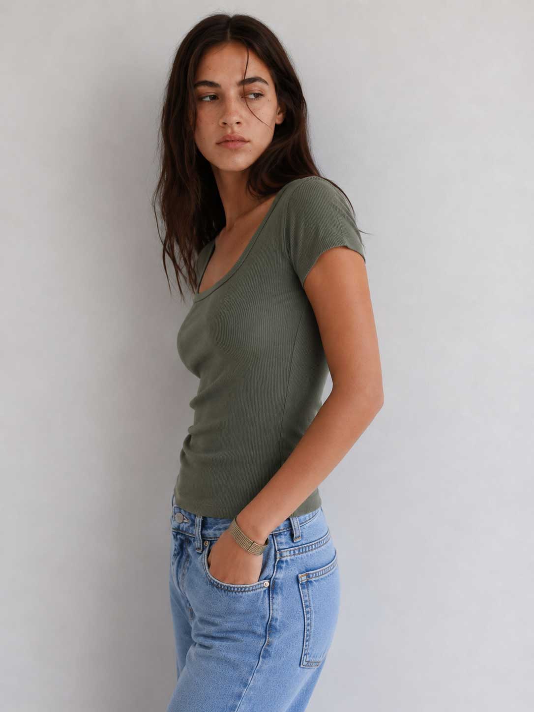 Short Sleeve U-Neck Ribbed Top – Olive Top CIZARO - Cizaro Jeans