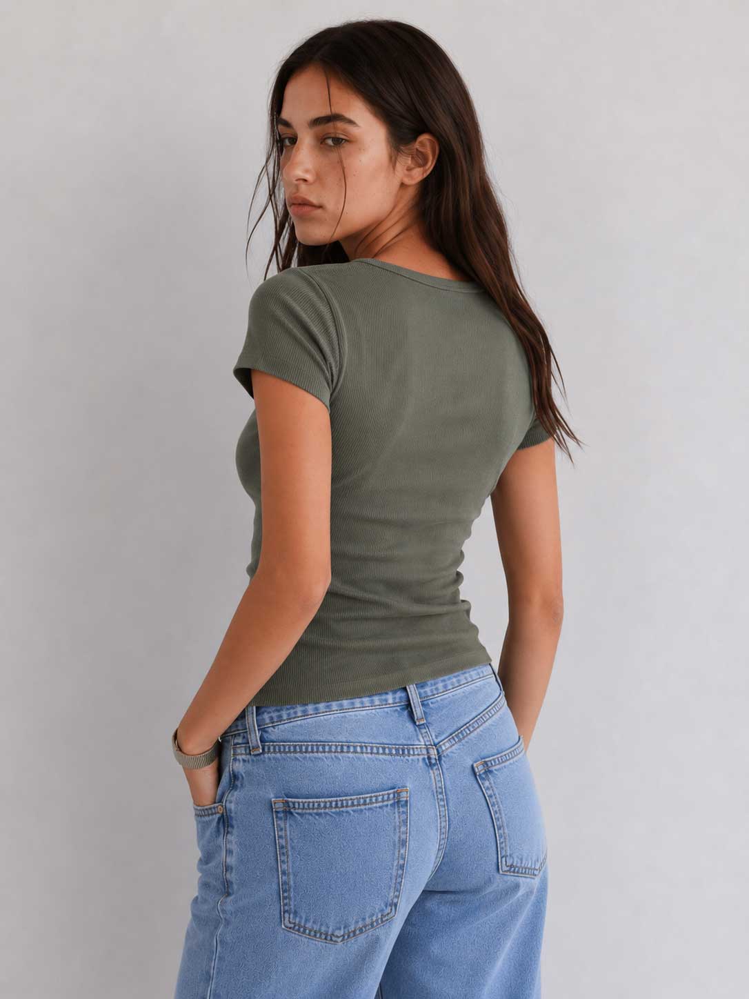 Short Sleeve U-Neck Ribbed Top – Olive Top CIZARO - Cizaro Jeans