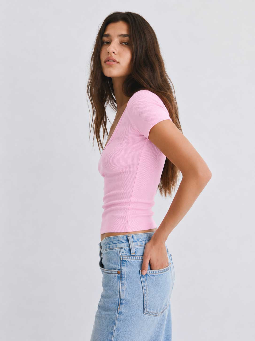 Short Sleeve U-Neck Ribbed Top – Pink Top CIZARO - Cizaro Jeans