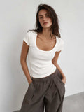 Short Sleeve U-Neck Ribbed Top – White