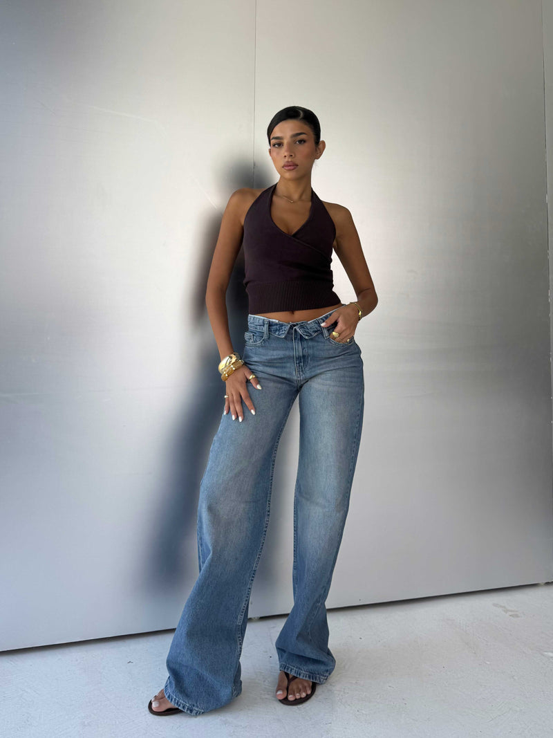 Folded Waistband Baggy – Low-Waist Light Vintage Blue Jeans
