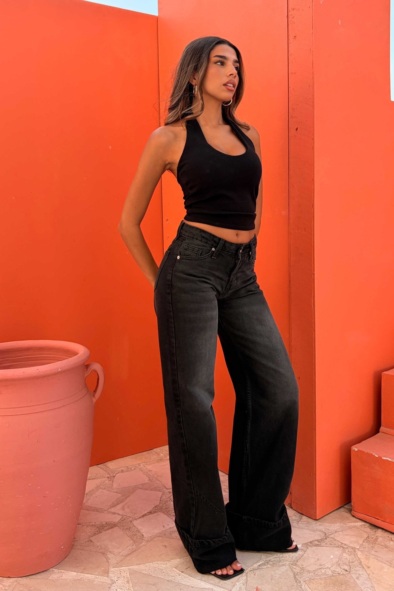 Baggy – Low Waist Folded Hem Washed Black Jeans Baggy CIZARO - Cizaro Jeans