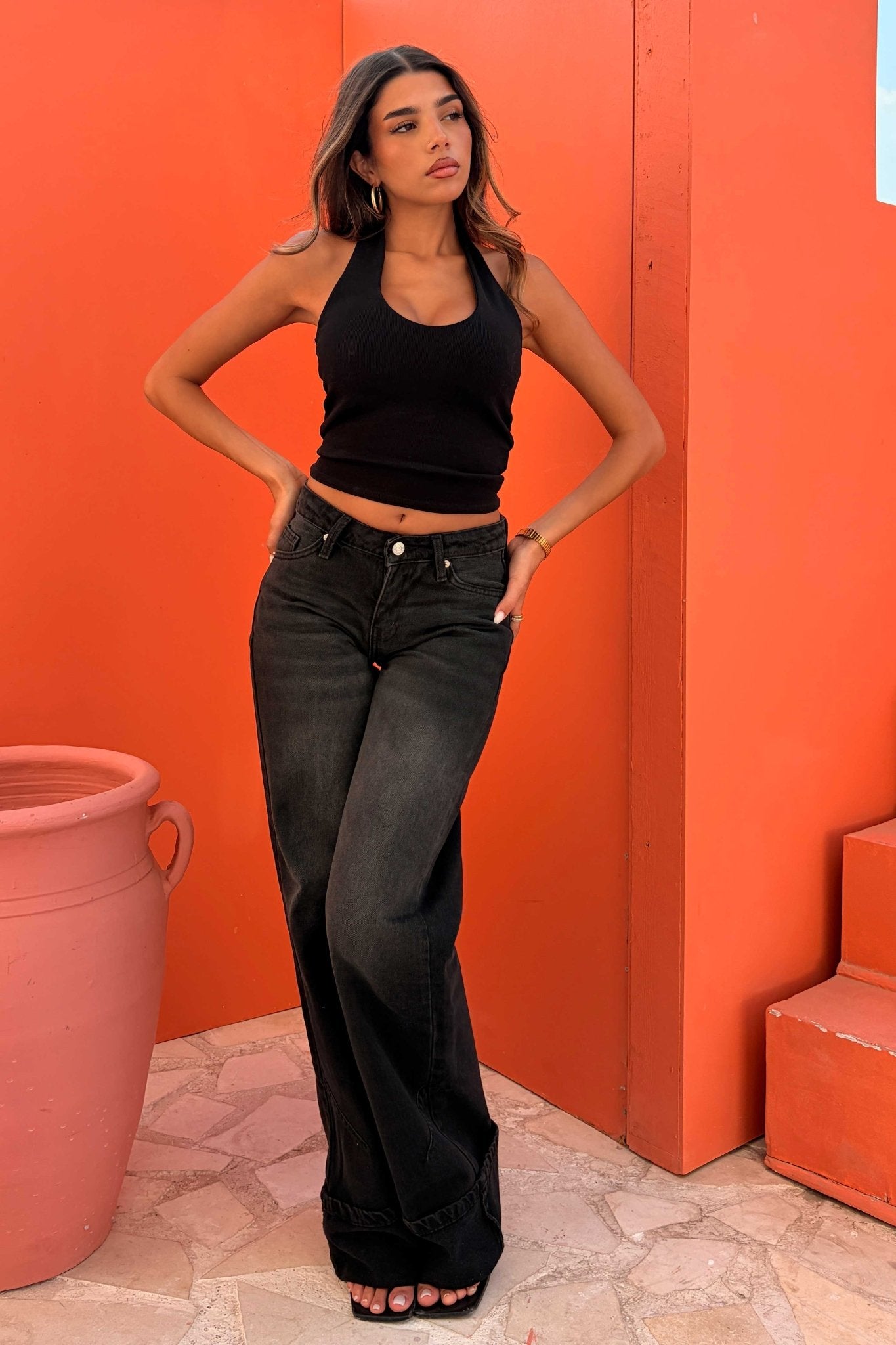 Baggy – Low Waist Folded Hem Washed Black Jeans Baggy CIZARO - Cizaro Jeans