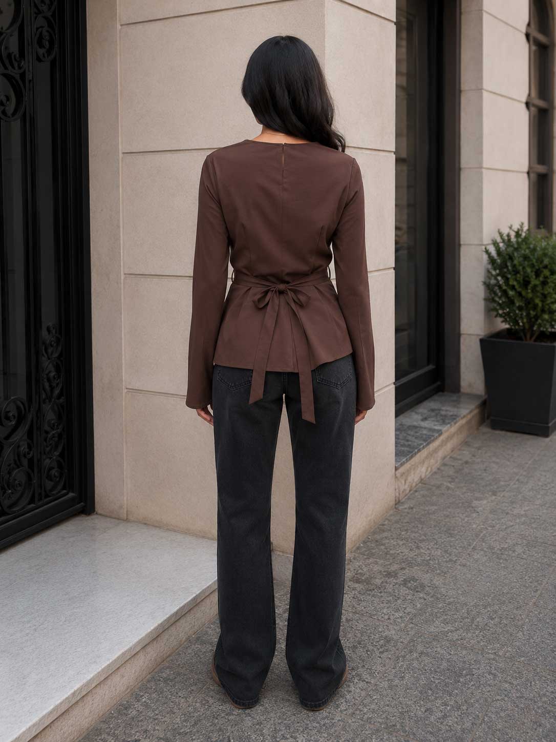 Back-Tie Flare Sleeve Blouse – Brown
