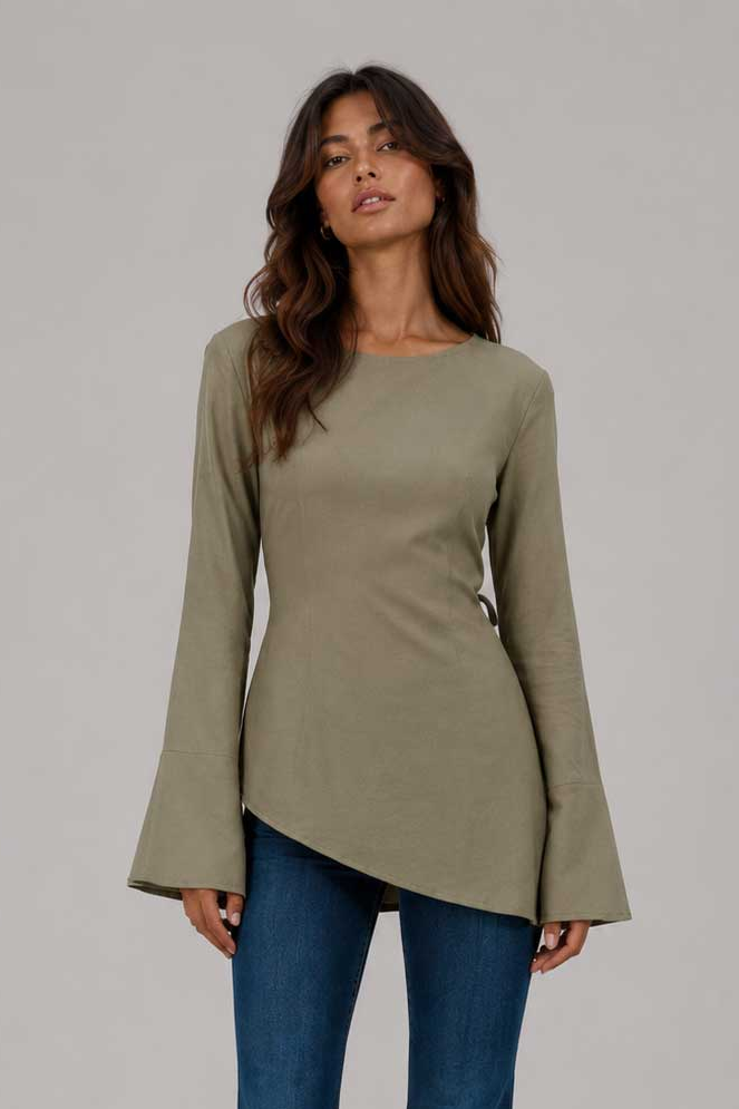 Back-Tie Flare Sleeve Blouse | Olive Blouse CIZARO - Cizaro Jeans