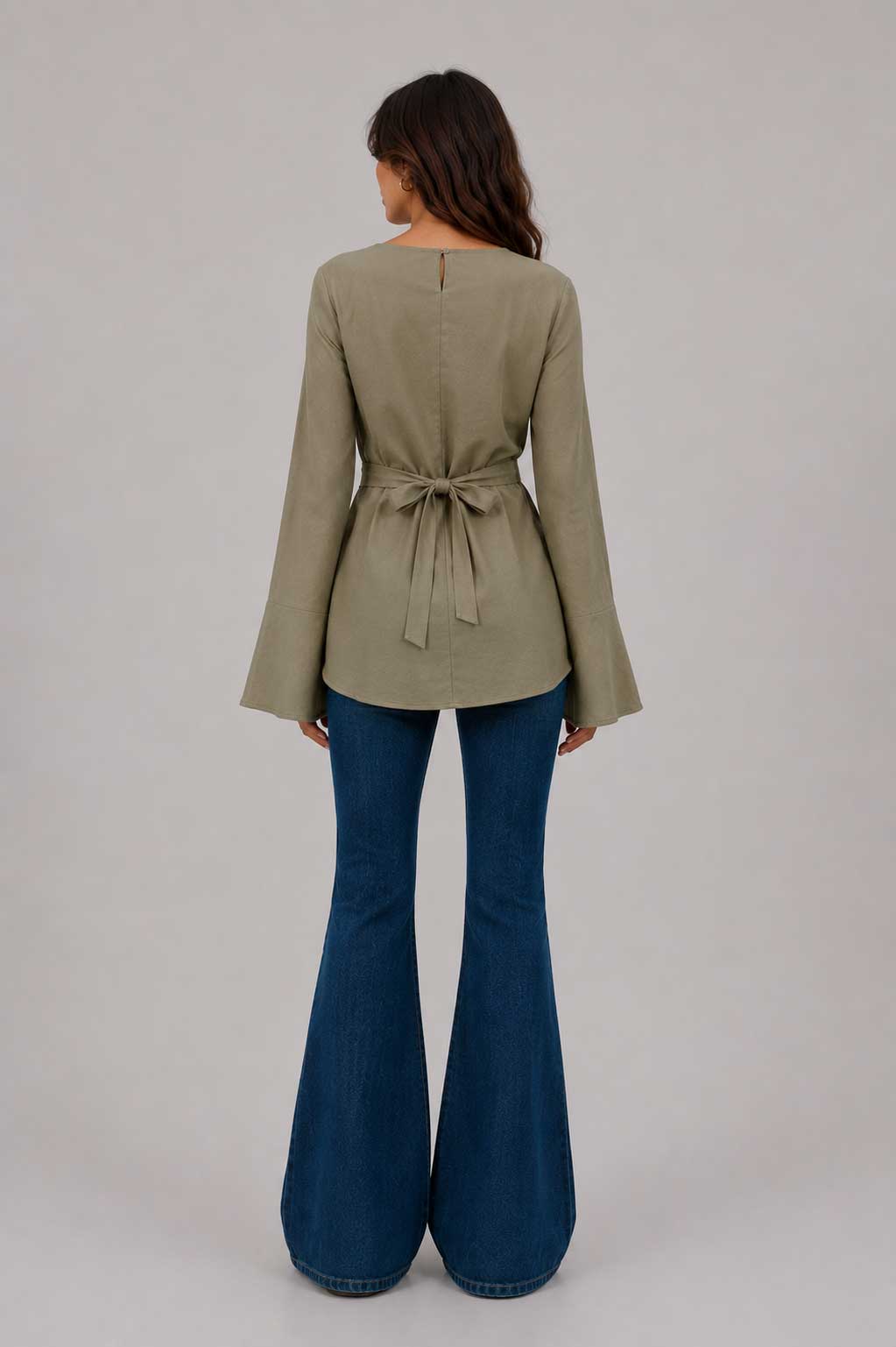 Back-Tie Flare Sleeve Blouse | Olive Blouse CIZARO - Cizaro Jeans