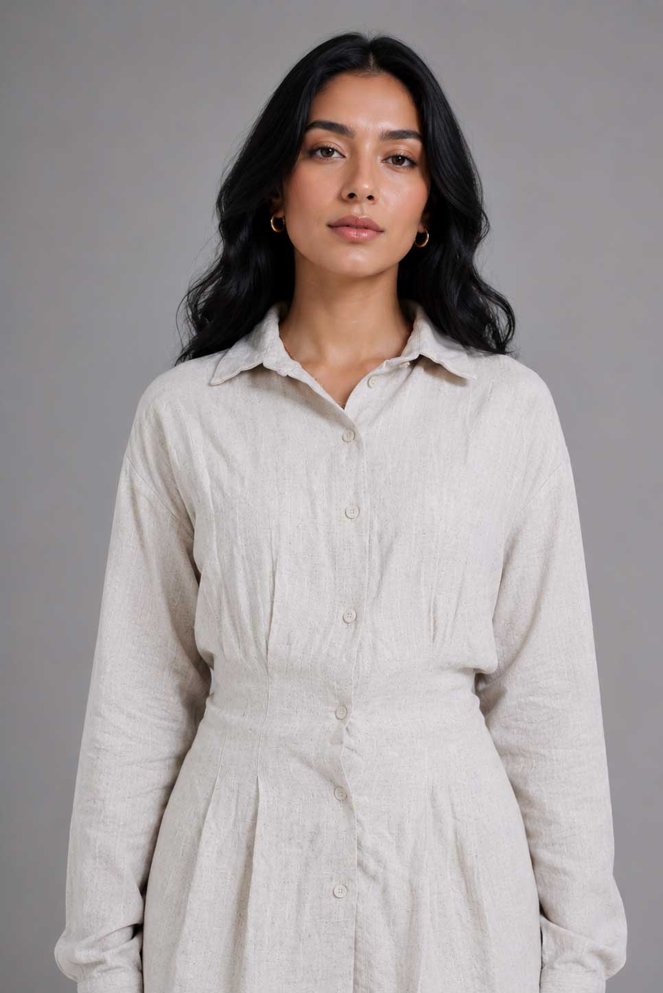 Linen Pleated Blouse with Back Tie – Natural Beige