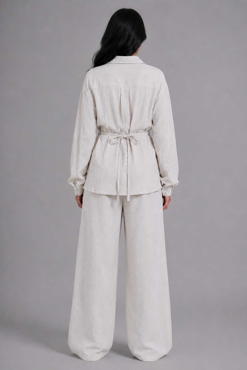 Linen Pleated Blouse with Back Tie – Natural Beige